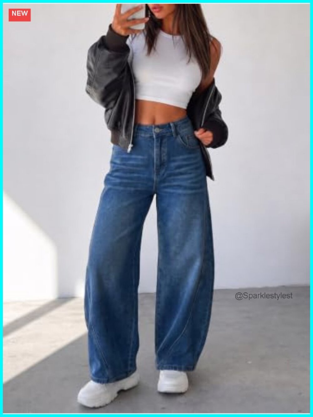 High Waist Wide Leg Cropped Jeans Baggy Barrel Denim Pants Stretch - Picture 4 of 6